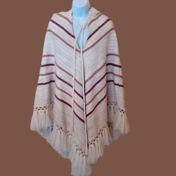 Beige Brown Crème Heavy Knit Hooded Poncho - Picture 2 of 6